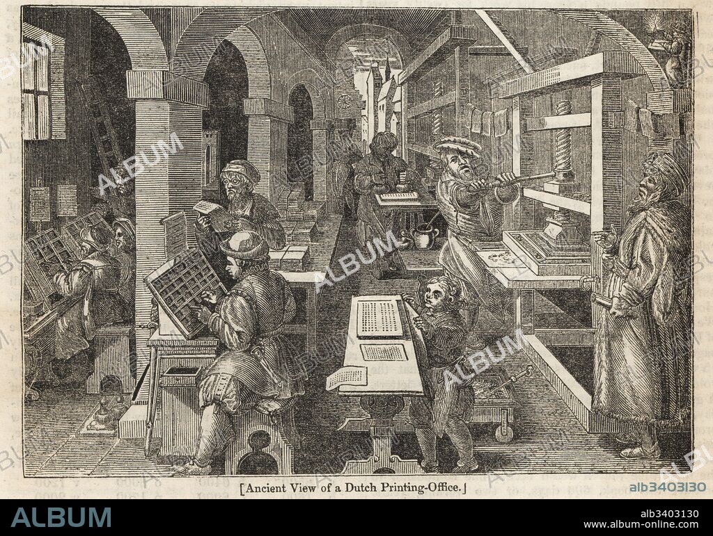 Ancient view of a Dutch printing office. A master printer directs compositors, printing press operators and an old proof reader. Copied from a 16th century design by Johannes Stradanus or Jan Van der Straet. Woodblock engraving from the Penny Magazine, Society for the Diffusion of Useful Knowledge, 1833.