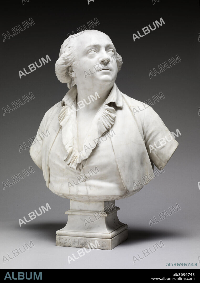 JEAN-ANTOINE HOUDON. Giuseppe Balsamo, Comte di Cagliostro. Dated: 1786. Dimensions: overall without base: 62.9 x 58.9 x 34.3 cm (24 3/4 x 23 3/16 x 13 1/2 in.)  gross weight: 285 lb. (129.275 kg). Medium: marble.