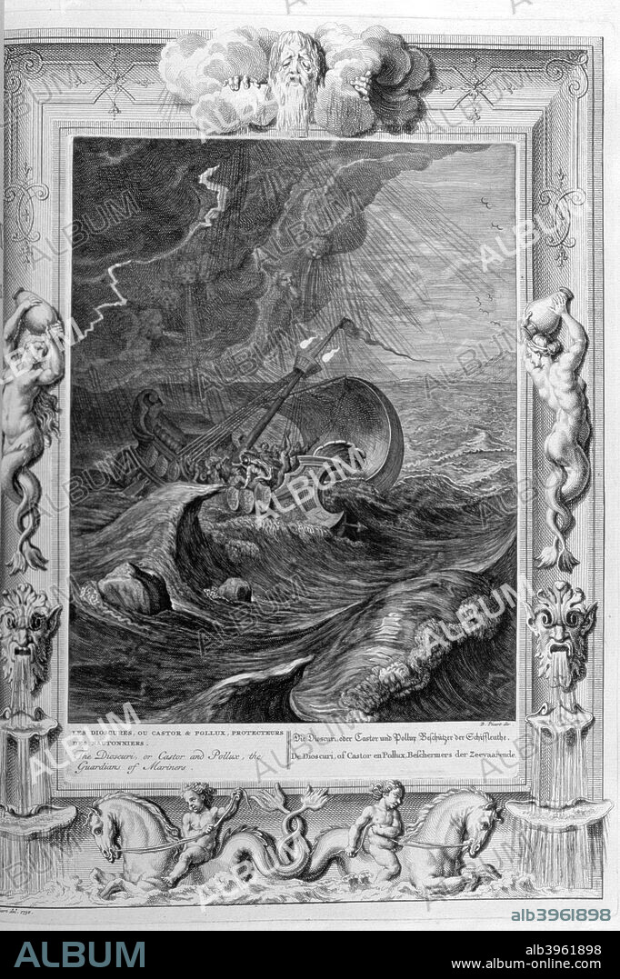 The Dioscuri (Castor and Pollux) protect a ship, 1733. A plate from Le Temple des Muses, Amsterdam, 1733. Found in the collection of Jean Claude Carriere.