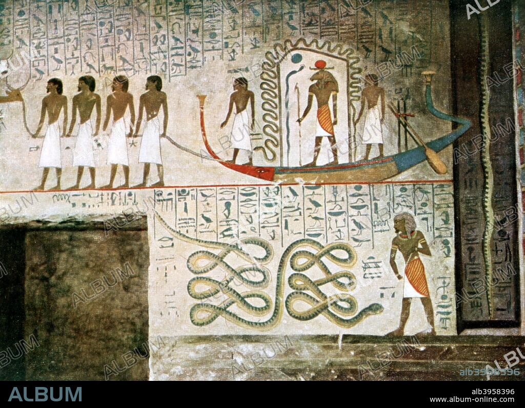 Boat scene, Tombs of the Nobles, Thebes, Egypt. The ram-headed god Khnum being transported in a boat. The Tombs of the Nobles are tombs of priests and officials dating from the 17th to the 20th Dynasties of Ancient Egypt. They are situated on the west bank of the Nile at Luxor.