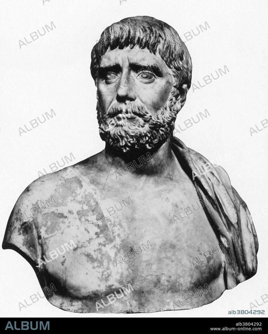 Thales of Miletus (c.624-c.546 BC), Ancient Greek philosopher, mathematician, astronomer, and the first identifiable scientist. He is reported to have predicted a solar eclipse in 585 BC, and tried to explain earthquakes. He also thought that the Earth was a disc floating in a vast ocean. Roman copy of a Greek bust from the Museo Capitolino, Rome.