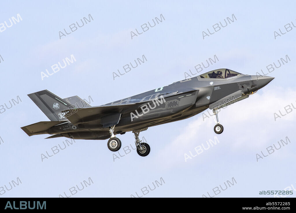 Italian Air Force F-35A prepares for landing at Grosseto Air Base, Italy, for the celebrations for the centenary of five Aeronautica Miliare Italiana (Italian Air Force) Fighter Squadrons.