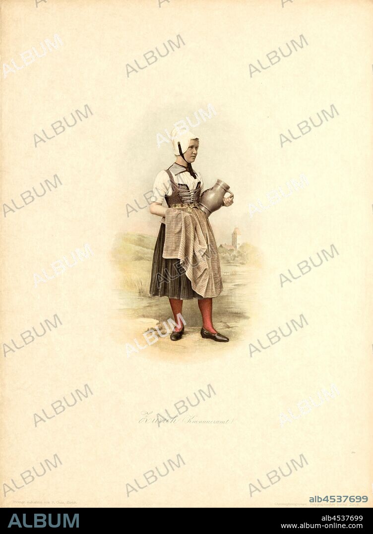 Zurich Knonaueramt, Knonauer costume from the canton of Zurich, signed: Photogr., Recording by R. Ganz; Chromophotogravure: Polygraphic Institute, Fig. 21, p. 36, Ganz, Rudolf (Fotografische Aufnahmen); Polygraphisches Institut (Chromofotogravur), Rudolf Ganz, Julie Heierli: Die Schweizer-Trachten vom XVII-XIX Jahrhundert nach Originalien. Zürich: Brunner & Hauser (Polygraphisches Institut), [1897-1898].