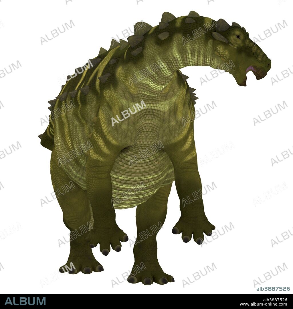 Talarurus dinosaur rearing up on hind legs. Talarurus was a herbivorous armored dinosaur that lived in the Cretaceous Period of Mongolia.