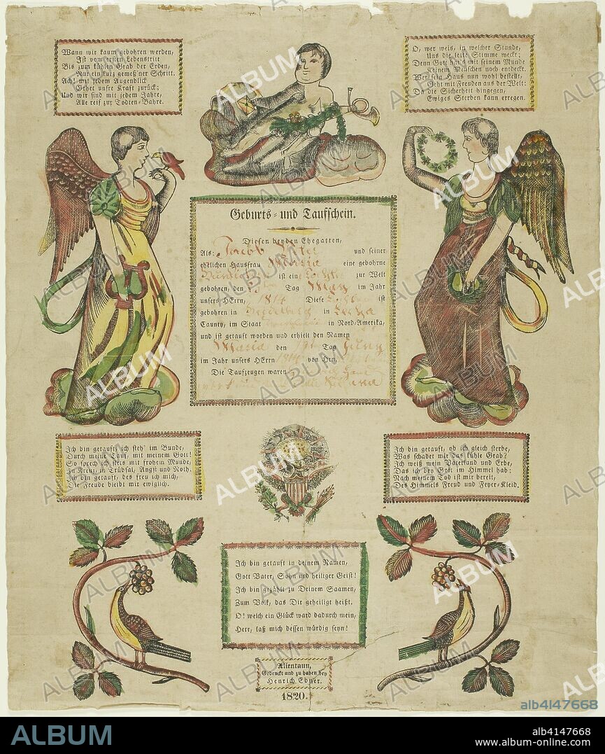Birth and Baptism Certificate. printed by Heinrich Ebner; American, 1783-1850. Date: 1803-1850. Dimensions: 403 x 340 mm. Woodcut on paper. Origin: United States.