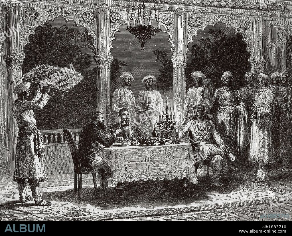 HISTORIA DE LA INDIA. EPOCA COLONIAL INGLESA. "BANQUETE EN EL PALACIO DEL RAIS DE MYNERE". Grabado por Hildibrand. "El Mundo Ilustrado". Año 1882. (s. XIX) .