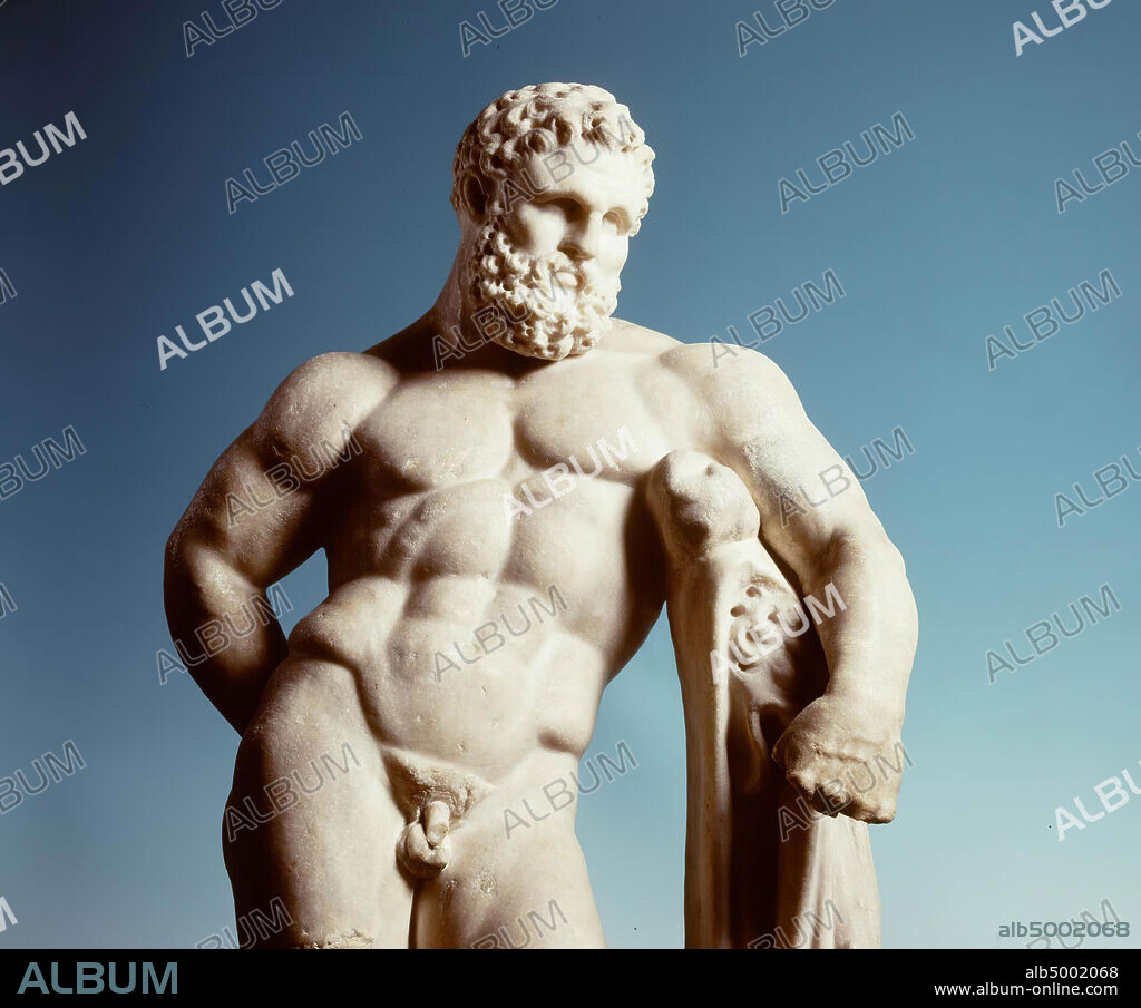 Roman copy of the wake. Hercules Farnese, a creation of Lysippus (Naples). Hercules is naked and leans on his club, over which also the lion skin is draped., Sculpture, statue, stone, marble, 84,6 cm, 80 kg, imperial 50-350 AD, unknown.