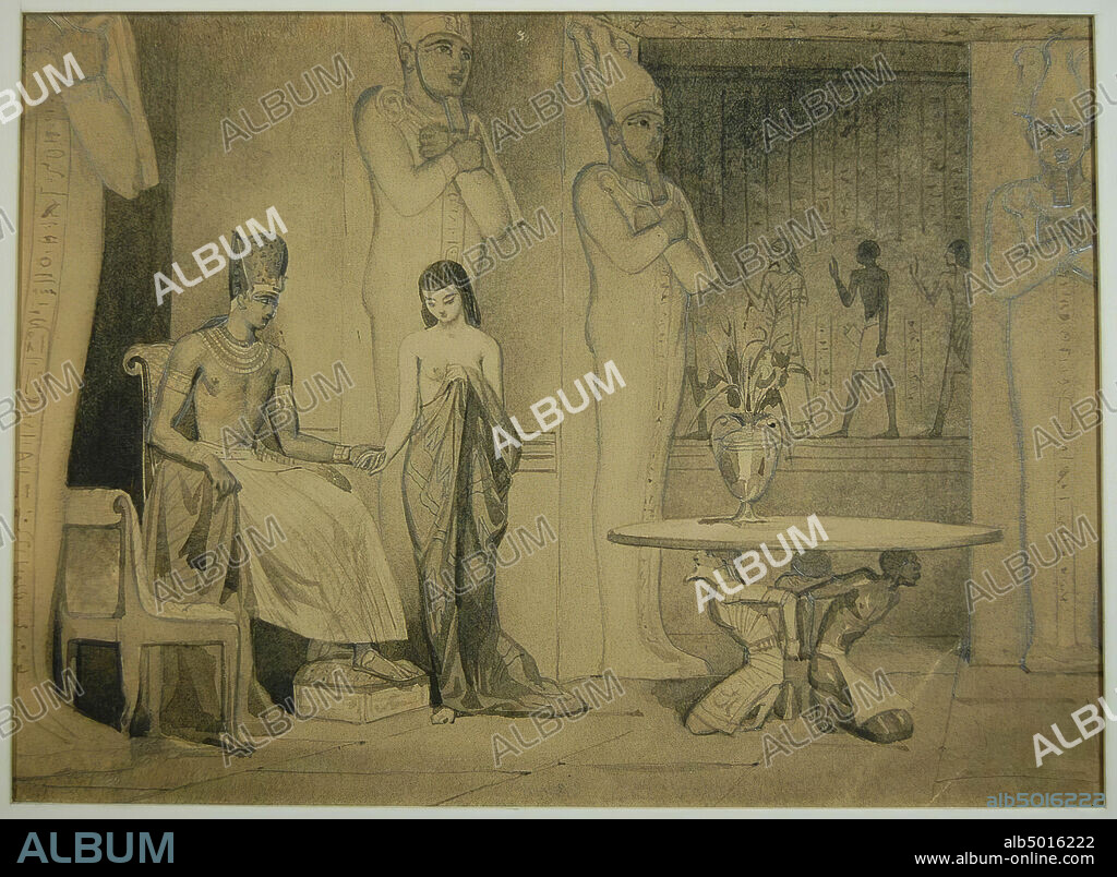 Interior, Illustration for Le Roman de la Momie: p. 198 - Pharaoh speaks to the abducted Tahoser in his palace, pen drawing, paper, 15.3 x 21 cm, 19th century 1860.