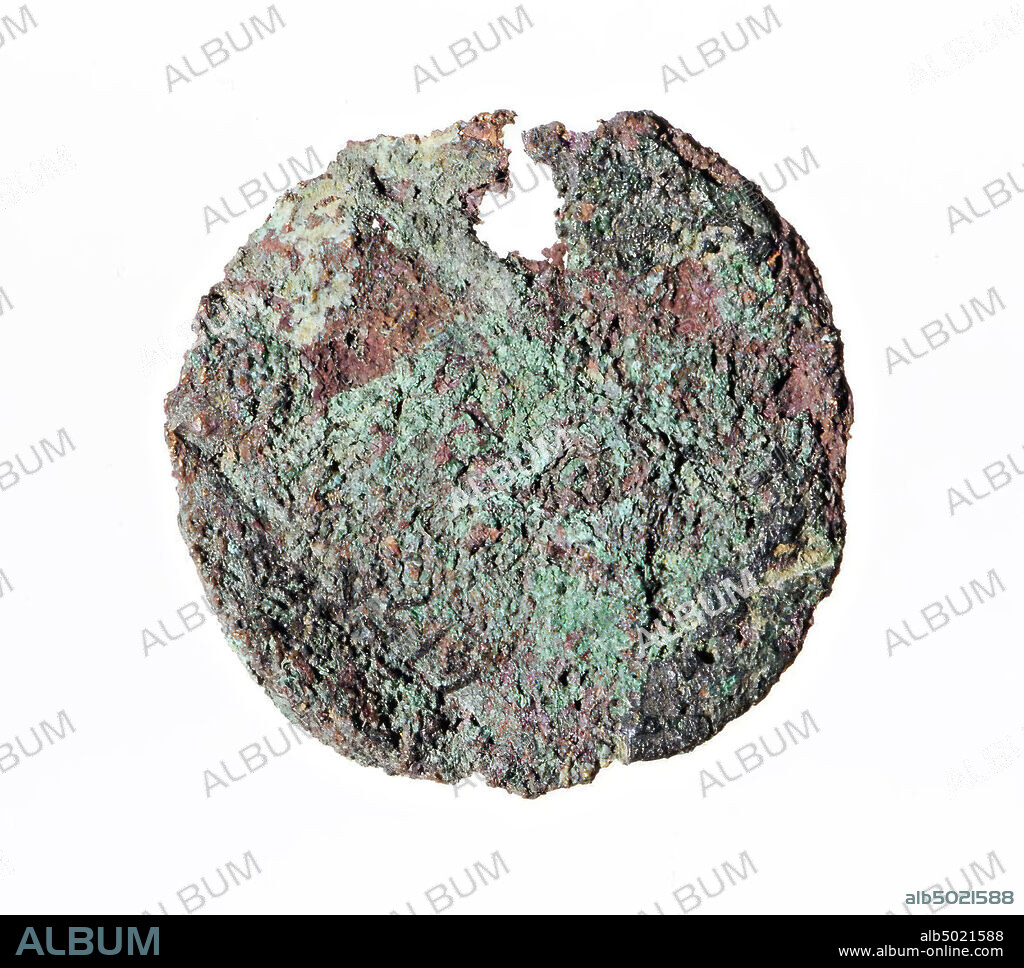Vz: heading n.l., K z: Decursio type, coin, sestertius, Nero, metal, copper, Diam. 34 mm, wt. 8.05 gr, Roman 64-68, the Netherlands, South Holland, Katwijk, Valkenburg.