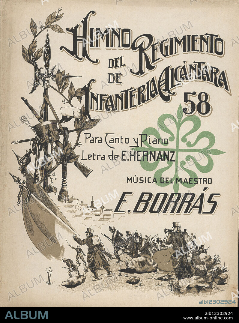 Partitura musical "Himno del Regimiento de Infantería Alcántara 58", de E. Borrás. Año 1910.