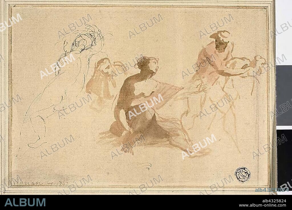 Two Sketches: Nude Child, Woman Reaching Toward Man with Lamb, 1762, Giovanni Battista Cipriani, Italian, 1727-1785, Italy, Pen and black ink, and brush and brown and red wash, on cream laid paper, laid down on cream laid paper, 118 x 168 mm.