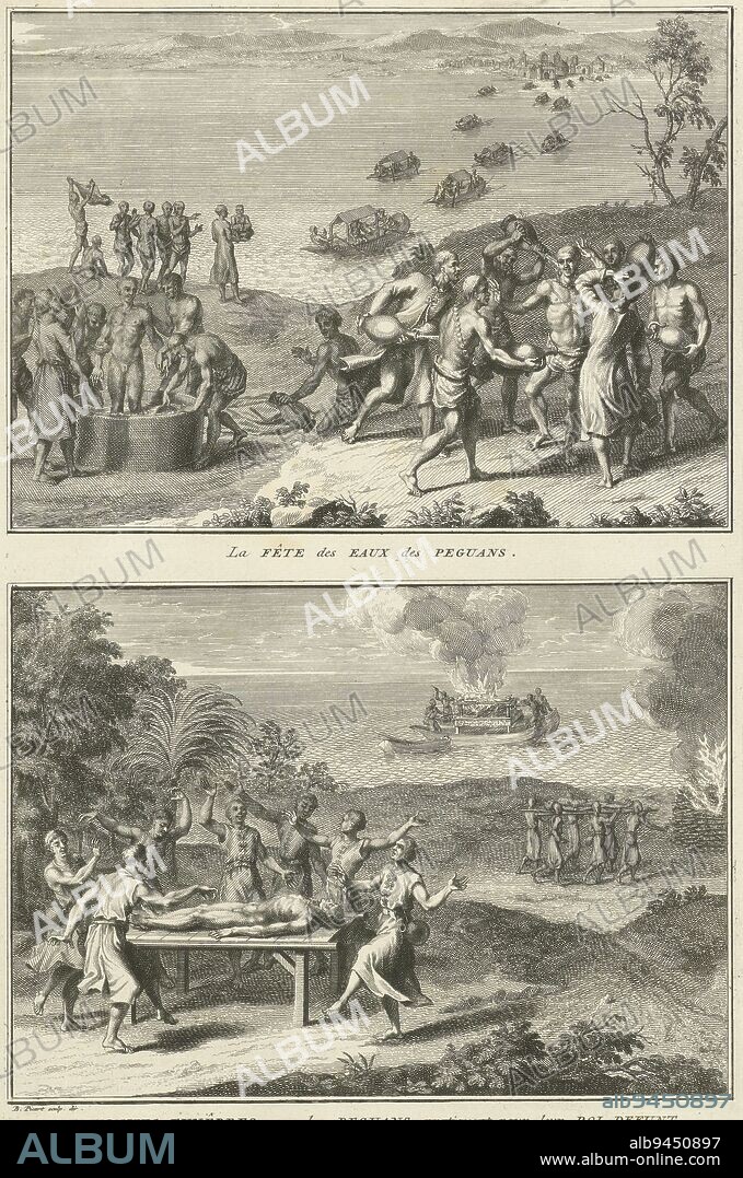 Representations of rituals at Pegu, Bernard Picart (workshop of), 1726, Sheet with two representations of rituals from Pegu. Above: Festival ceremonies at Pegu during the feast of Sapan Giacche, a water festival. The king of Pegu has himself washed and sprayed with cologne. Below: Cremation of kings according to the custom at Pegu. The king's body is burned on land or in a boat on the water. Below the representations a caption in French., print maker: Bernard Picart, (workshop of), Bernard Picart, (mentioned on object), Amsterdam, 1726, paper, etching, engraving, h 332 mm × w 220 mm.