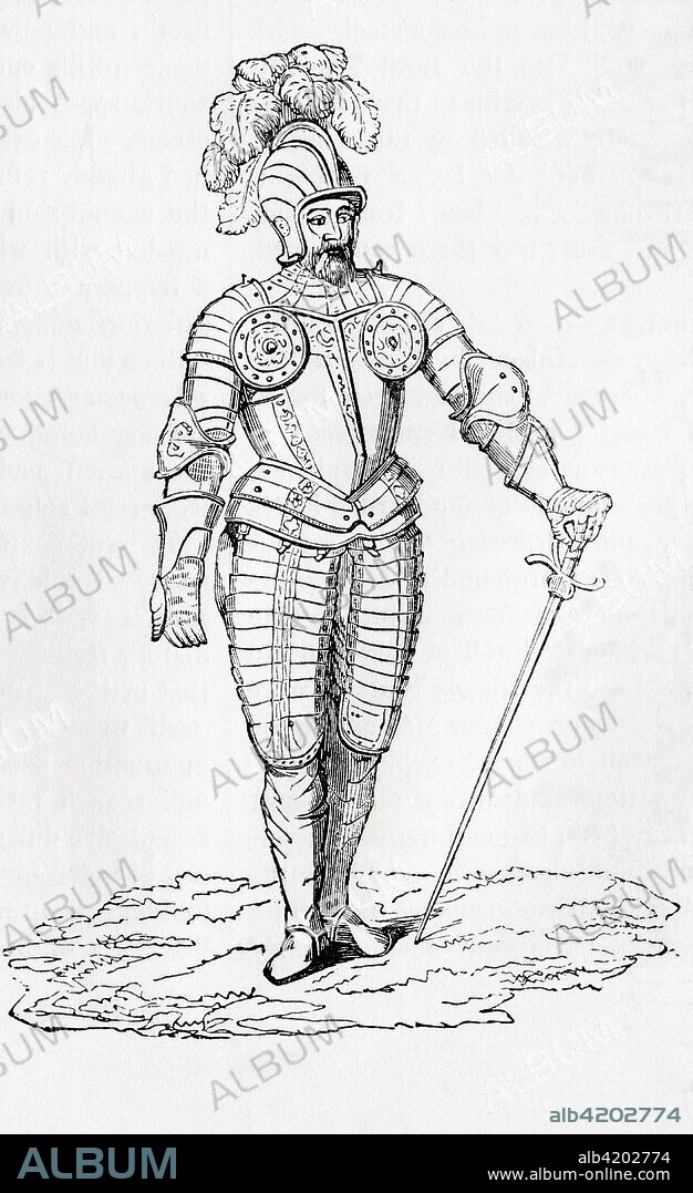 A suit of Demi-Lancer's armour from the time of Henry VII.  The Demi-lancer or demilancer was a heavy cavalryman found in Western Europe in the 16th and early 17th centuries.  From Old England: A Pictorial Museum, published 1847.