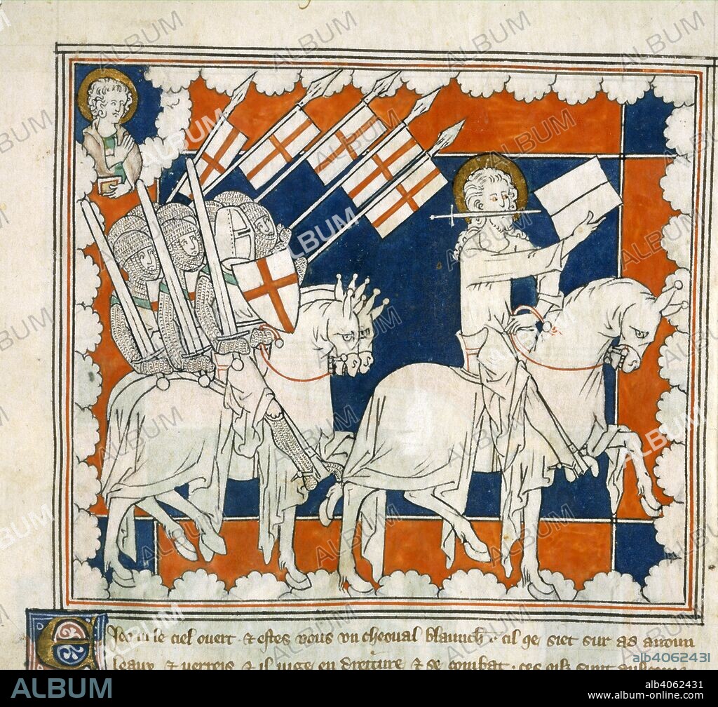 The Rider on White Horse. Apocalypse. England; early 14th century. (Miniature only] The opening of the First Seal. St John, and the Rider on the White Horse represented as Christ with a sword, and his followers. Book of Revelation, 6, 1-2  Image taken from Apocalypse.  Originally published/produced in England; early 14th century. . Source: Royal 19 B. XV, f.37. Language: Anglo-Norman.