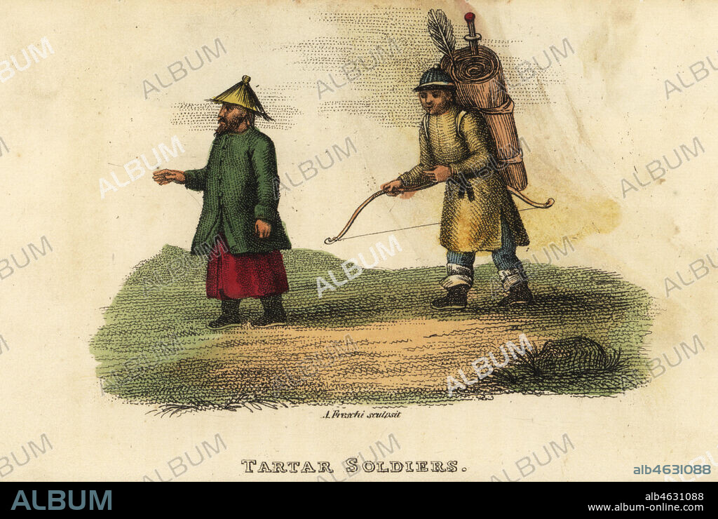 Tartar soldiers going to mount guard at the palace gates, Qing Dynasty China. Handcoloured copperplate engraving by Andrea Freschi after Antoine Cardon from Henri-Leonard-Jean-Baptiste Bertin and Jean Baptiste Joseph Breton's China, Its Costumes, Arts, Manufactures, etc., Howlett and Brimmer, London, 1824.