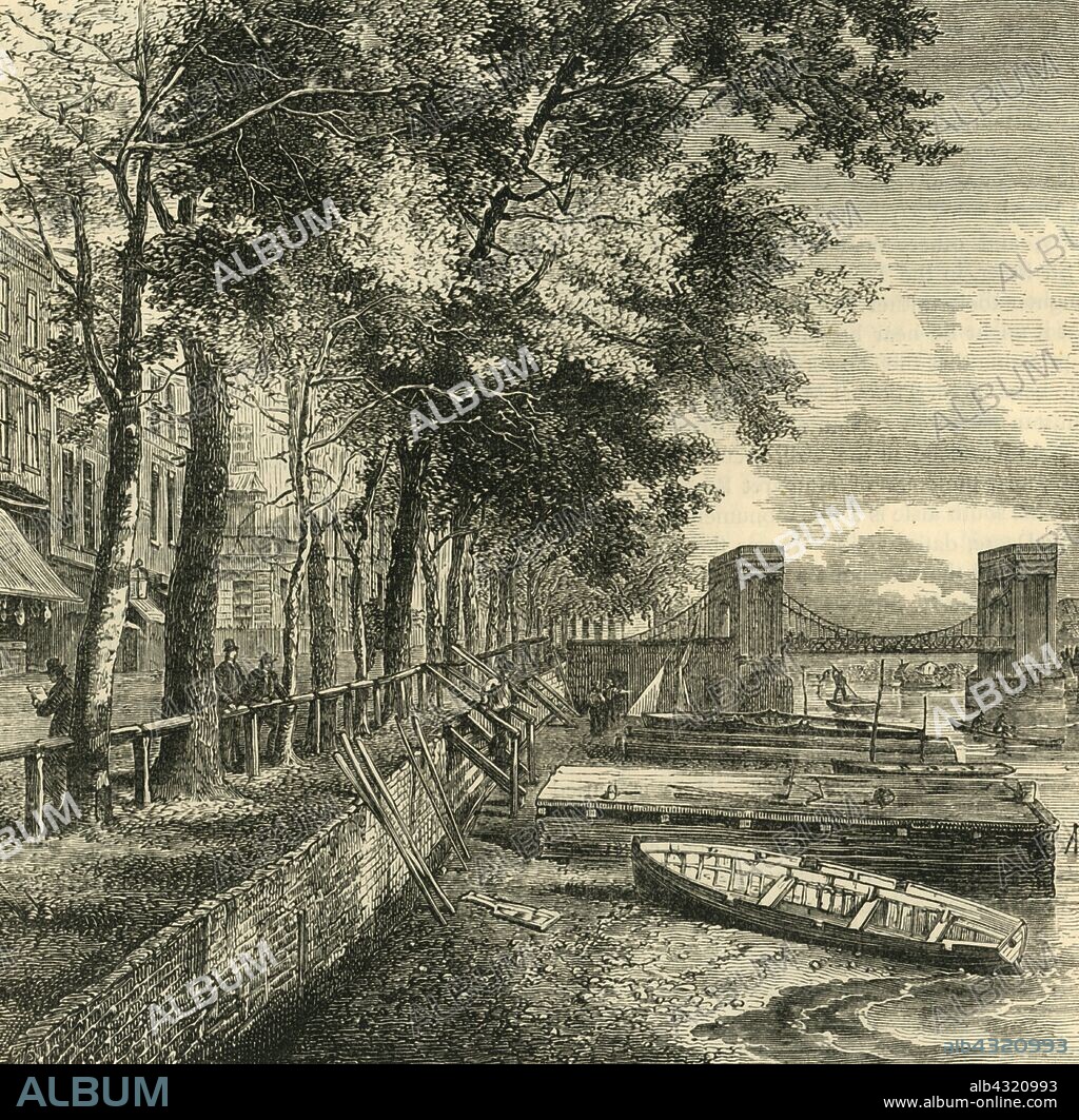 'Cheyne Walk and Cadogan Pier', c1876. Cadogan Pier was designed by Nathaniel Handford and  buillt by Earl Cadogan in 1841. It was rebuilt around 1875 following the completion of Albert Bridge. From "Old and New London: A Narrative of Its History, Its People, and Its Places. The Western and Northern Studies", by Edward Walford. [Cassell, Petter, Galpin & Co., London, Paris & New York].