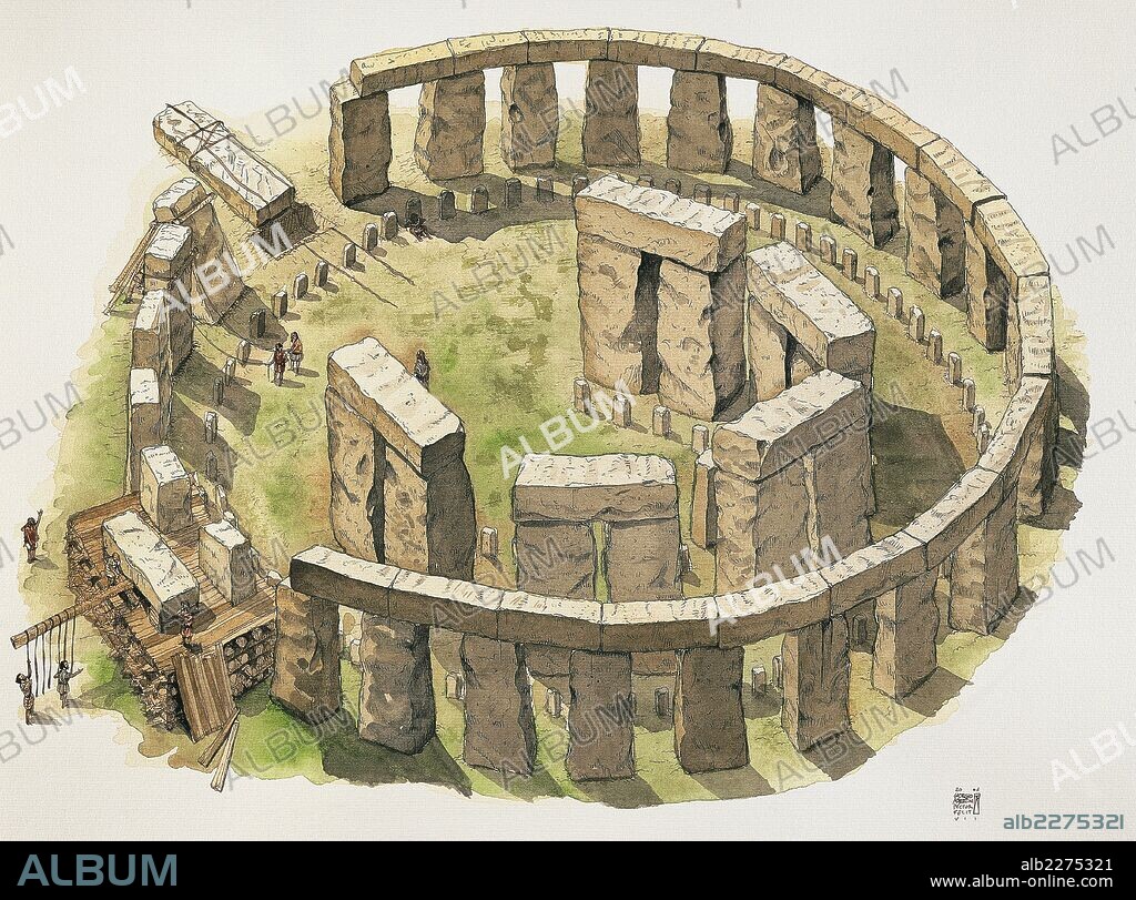 Prehistoric Britain - Construction of the Stonehenge enclosure - Drawing.
