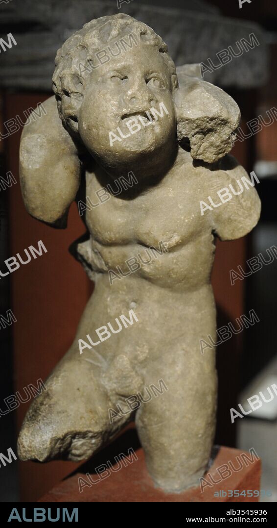 Sculpture depicting children playing piggyback horse. Probably decorated the grave of a child. 3rd century. Found in the Luxemburg Street, Cologne (Germany). Roman-Germanic Museum. Cologne. Germany.