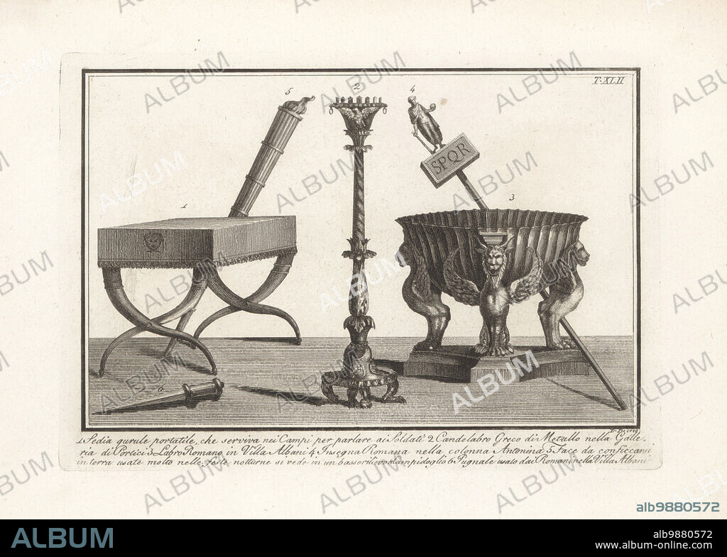 Portable military field stool or qurule 1, Greek metal candelabra from the Galleria di Portici 2, Roman labrum or bath with sphinxes in the Villa Albani 3, SPQR signum or military standard from the Column of Antonius Pius 4, torch used in nocturnal Bacchanale from a bas-relief in the Capitol 5, Roman dagger from the Villa Albani 6. Copperplate engraving by Domenico Pronti from his own New Collection Representing Religious, Civil and Military Costumes of the Ancient Egyptians, Etruscans, Greeks and Romans, Nuova Raccolta Rappresentante I Costumi Religiosi Civili e Militari, Rome, 1805.