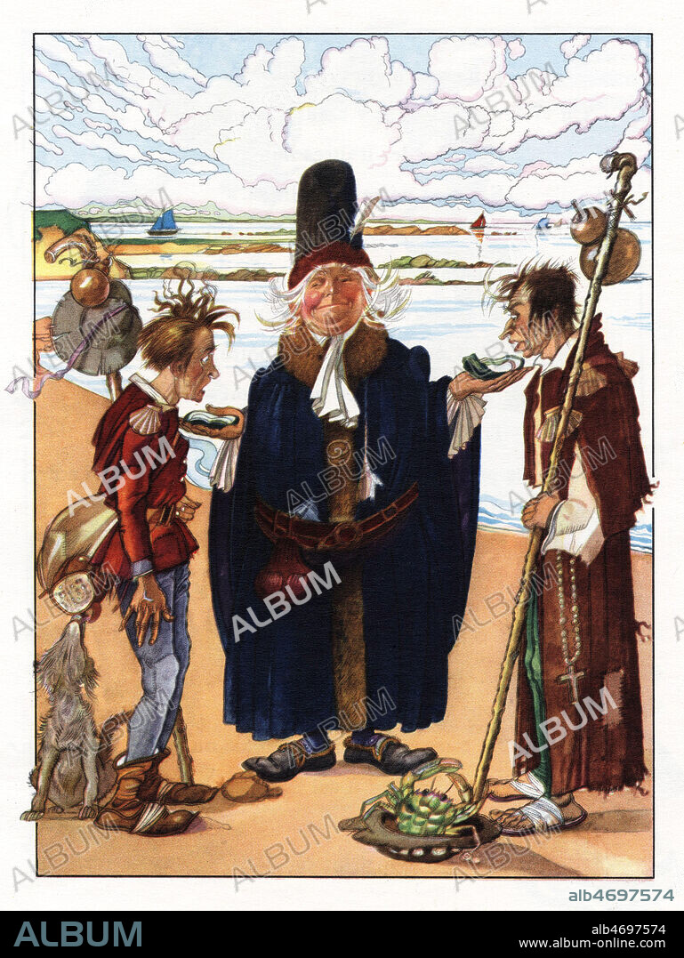 L'huitre et les plaideurs. Illustration de 1958 par Felix LORIOUX (1872-1964) pour Fables de Jean de La FONTAINE (1621-1695). ADAGP. Credit : Collection Jonas/Kharbine-Tapabor.