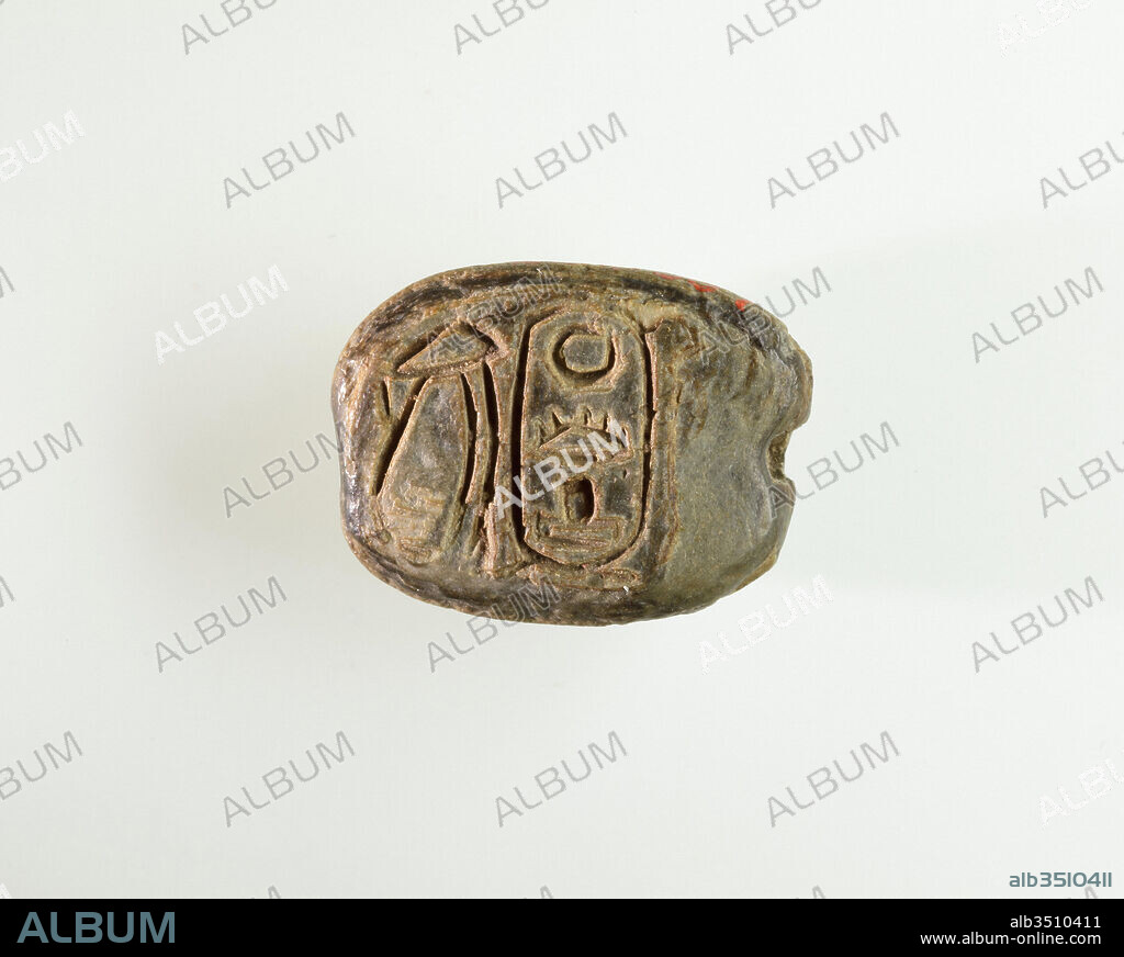 Scarab of Sebekhotep V or VI, Middle Kingdom–Second Intermediate Period, Dynasty 13, ca. 1719–1711 B.C., From Egypt, Memphite Region, Lisht North, Cemetery, 1920–22, Steatite, L. 1.9 × W. 1.4 × H. 0.8 cm (3/4 × 3/4 × 5/16 in.), Scarab shaped seal inscribed with a cartouche enclosing the phrase 'Kha-hetep-Re,' which could be the prenomen of Sebekhotep V or Sebekhotep VI, or could be a formulaic expression associated with the cult of the sun god, Re.