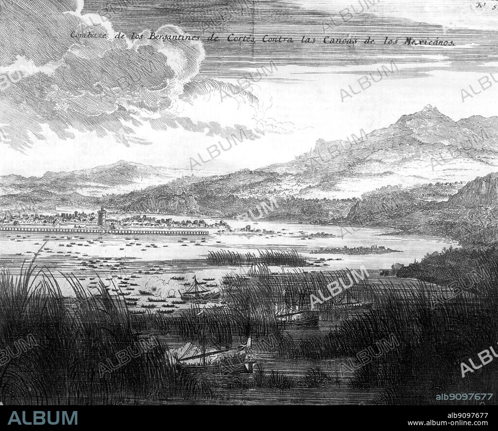 Spanish brigantines are engaged by Mexican canoes in the lake at Tenochtitlan. Antonio de Solis 'Historia de la Conquista de Mexico'.
