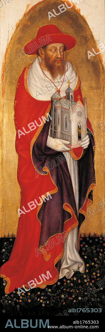 Valle Romita Polyptych, by Gentile di Niccol known as Gentile da Fabriano, 1405-1410 about, 15th Century, tempera and gold on wood, cm 157,2 x 79,5. Italy, Lombardy, Milan, Brera Art Gallery. Detail. Saint St Jerome cardinals dress clothes garment hat cardinal red model church. Authorization required for non editorial use.