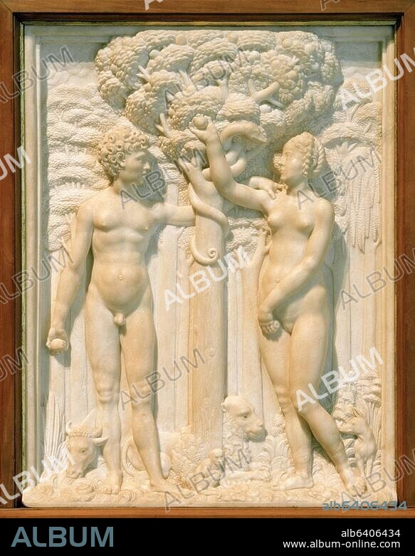 Meit, Conrat; um 1480/85-1550/51 ( Umkreis oder Nachfolge). "Adam und Eva", nach 1530. Marmor, Reste der partiellen farbigen Fassung, 48 x 37 x 6,5 cm (ohne Rahmen). Inv.Nr.RF 1530 Département des Sculptures,.