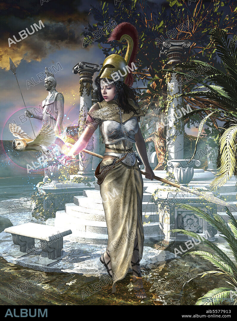 Athena the Greek virgin goddess of wisdom, arts and literature.