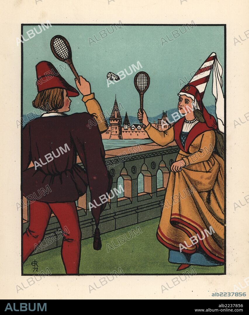 Medieval man and woman playing a game of battledore and shuttlecock on a bridge over a river. Handcoloured lithograph after an illustration by J. E. Rogers from Francis Cowley Burnand's "Present Pastimes of Merrie England, Cassell, London, 1873.