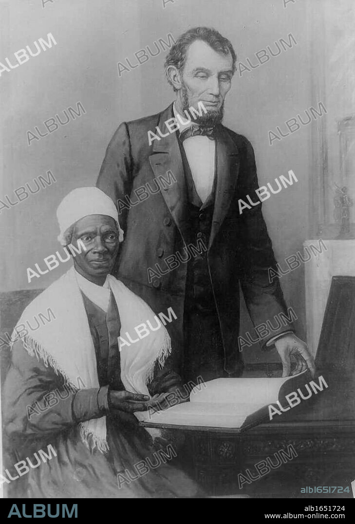 President Lincoln at the White House in 1861 with Sojourner Truth, African American abolitionist and champion of women's rights. Born into slavery as Isabella Baumfree (1797-1883) she escaped to freedom in 1826. Changed her name in 1843.
