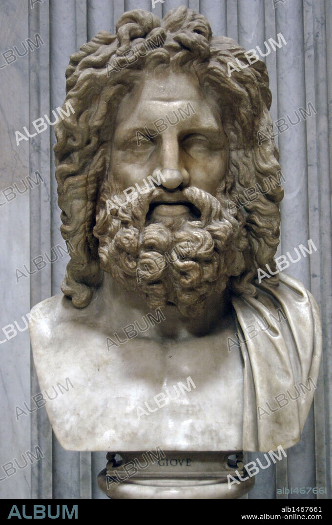 Greek Mythology. Zeus of Otricoli. Marble bust. Roman copy after a Greek original from the 4th century. Restored in 1783 by Giovanni Pierantoni. He added the bust, neck and back of the head that it must originally been part of the colossal cultic statue showing Zeus seated on a throne. Pio-Clementino Museum. Vatican Museums. Vatican City.