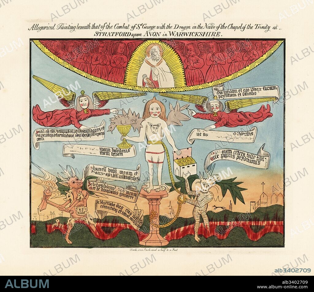 Judgment of God on Sin in the form of the Whore of Babylon, with angels above and dragons and demons below in hell. Handcoloured etching drawn and etched by Thomas Fisher from his Paintings on the Walls of the Chapel of the Trinity, Stratford upon Avon, 1808.