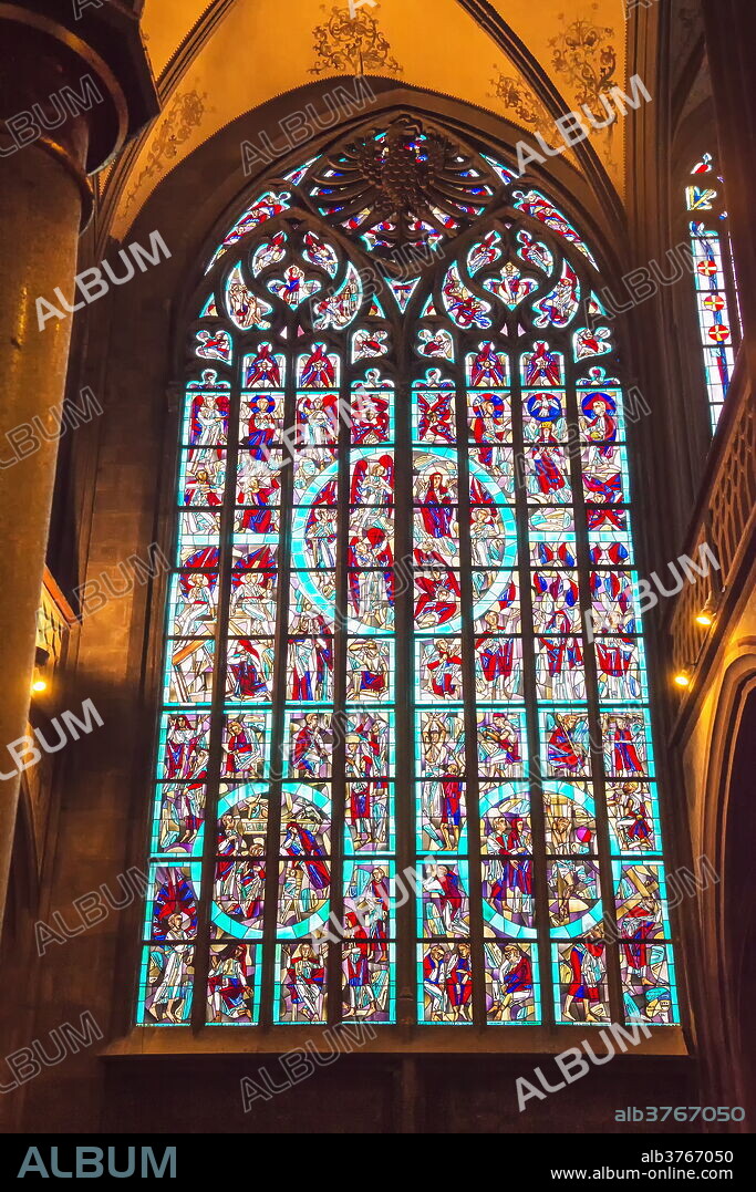 Stained-glass windows, Saint Nicholas Chapel, Aachen Cathedral, UNESCO World Heritage Site, North Rhine Westphalia, Germany, Europe.