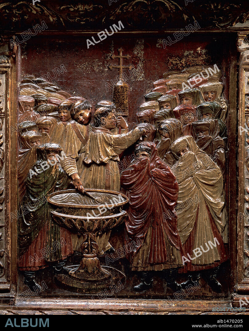 ARTE RENACIMIENTO. ESPAÑA. S. XVI. VIGARNY o BIGARNY, Felipe (1475-1543). Arquitecto y escultor español de origen borgoñón, conocido con el nombre de Felipe de Borgoña. BAUTISMO DE LAS MORISCAS DEL REINO DE GRANADA. Sotabanco del RETABLO MAYOR, 1520-1522. Relieve. Madera policromada. CAPILLA REAL. GRANADA. Andalucía.