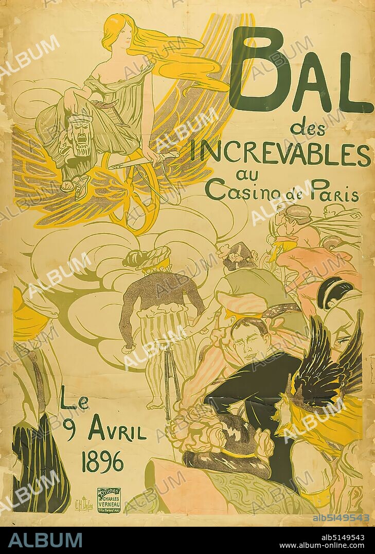 Imprimerie Charles Verneau, Clémentine Hélène Dufau, Bal des Increvables au Casino de Paris, paper, lithograph, total: height: 140 cm; width: 99,3 cm, signed: u. li. in print: C. H. Dufau, event posters, bicycle, two-wheeler.