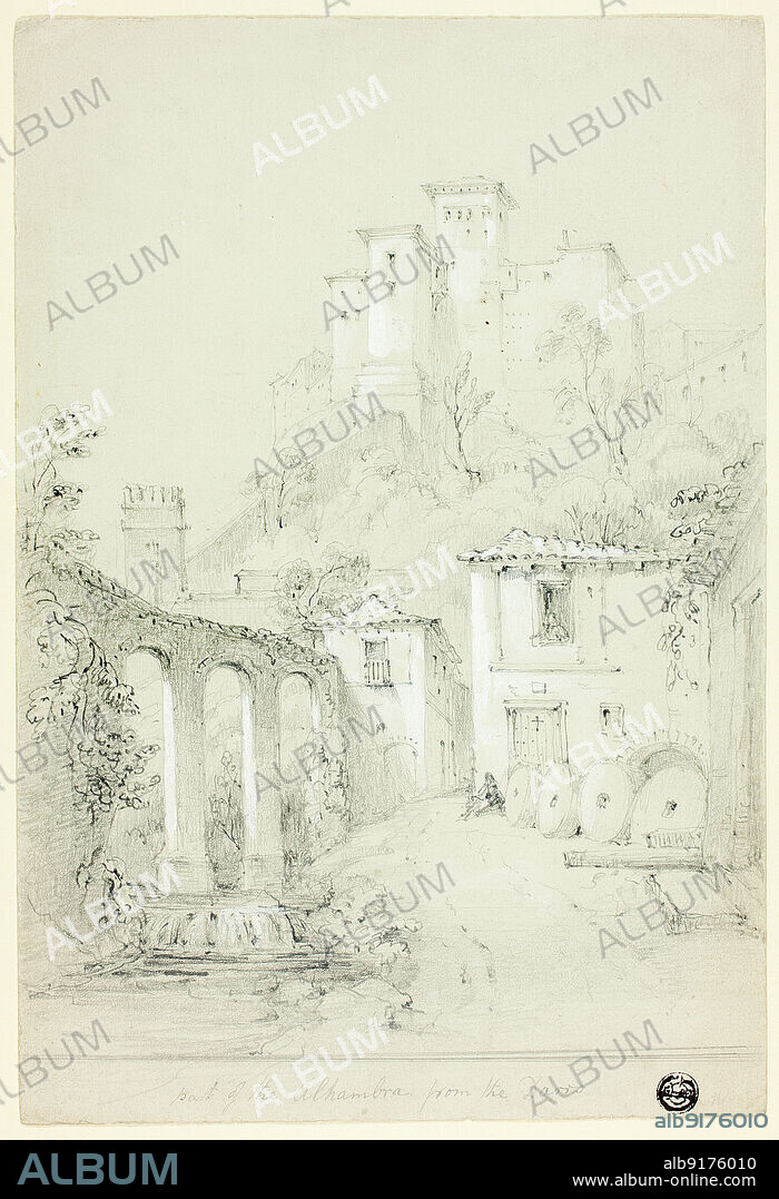 Part of the Alhambra from the Darro, n.d. Moorish palace in Granada with river in foreground. Note mill wheels on right. Possibly by Richard Ford, possibly after Frederick Christian Lewis.