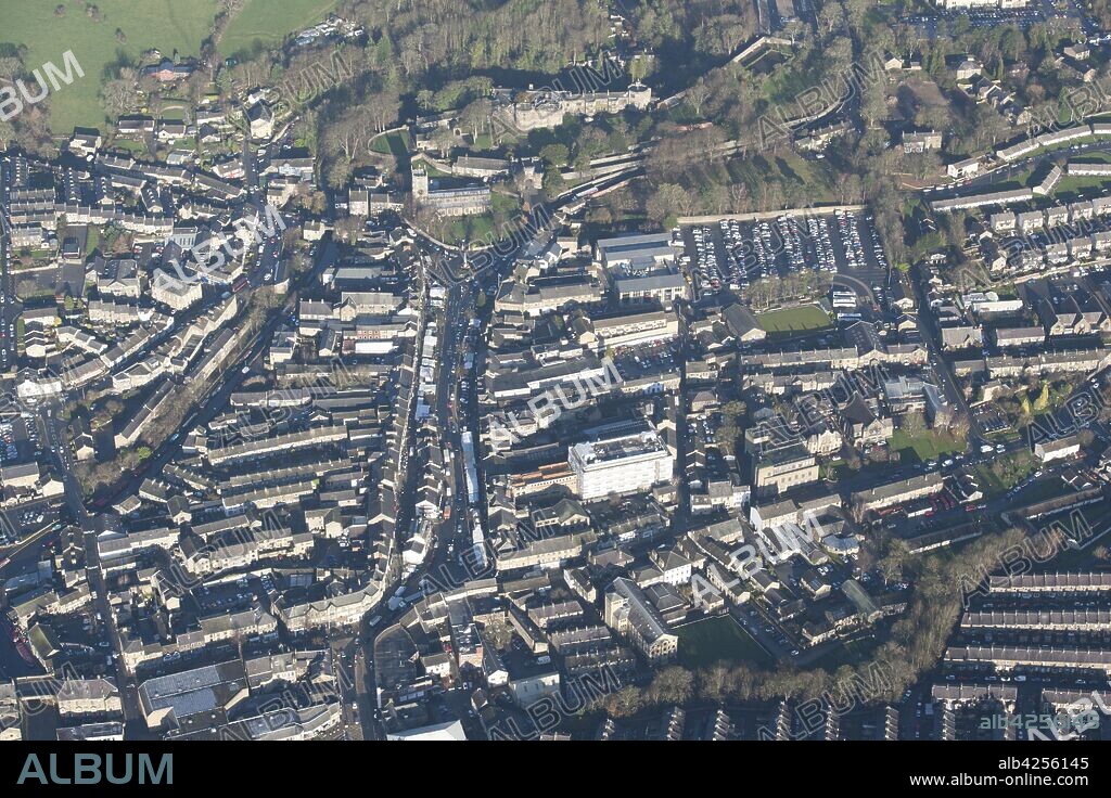 Town centre on market day, Skipton, North Yorkshire, 2014. The medieval castle and Holy Trinity Church can be seen towards the top of the photograph.