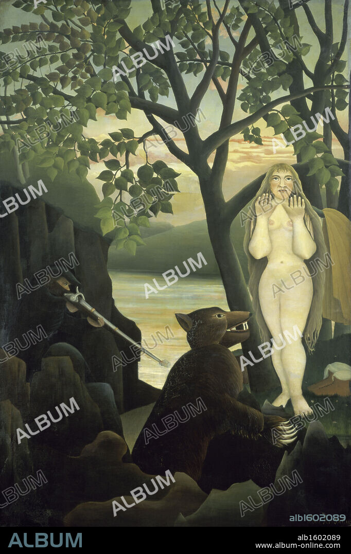 HENRI ROUSSEAU. Unpleasant Surprise   1901  Henri  Rousseau (1844-1910/French)   Oil on canvas  Barnes Foundation, Merion, Pennsylvania.