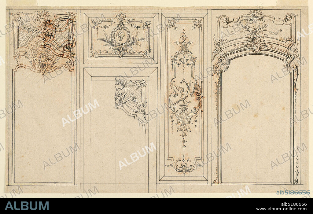 Design for a Wall Elevation with Wood Paneling, Pen and brown ink, red crayon, graphite on cream laid paper, A door frame with an overdoor at left, two children with torches in escutcheons. Pilaster strips alternate with broader panels. Billing doves are suggested for the left panel., France, ca. 1720, interiors, Drawing, Drawing.