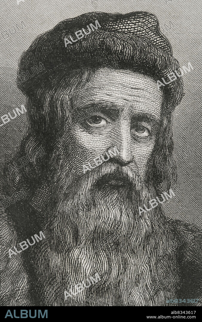 CHARLES GEOFFROY (1819-1882). FRENCH ENGRAVER.. Johannes Gutenberg (h. 1399-1468). Inventor alemán. Hacia 1450 creó la primera imprenta de tipos móviles. Retrato. Grabado por Geoffroy. Detalle. Historia Universal, por César Cantú. Tomo IV, 1856.