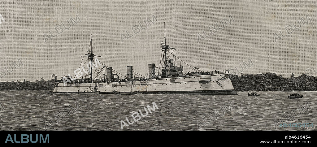 TOMáS CARLOS CAPUZ (1834-1899). SPANISH ENGRAVER.. The German East Asia Squadron. The Imperial German Navy protected cruiser SMS Kaiserin Augusta (1892-1920), destined for the city of Tsingtao (China) in January 1898. Engraving by Capuz. La Ilustración Española y Americana, 1898.