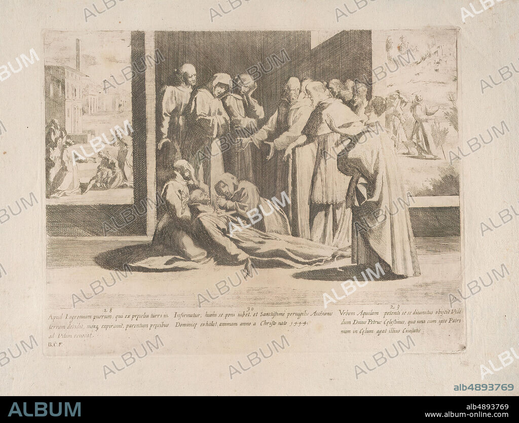 Bernardino Capitelli, Episode 28: At Logronium Saint Bernardino brings an injured boy back to life; Episode 29: Saint Peter appears to Saint Bernardino on the road to Rome; Episode 30: Saint Bernardino falls ill and dies in 1444, from 'The Life of Saint Bernardino of Siena', 'The Life of Saint Bernardino of Siena', Bernardino Capitelli (Italian, Siena, 15901639), After Rutilio Manetti (Italian, Siena 15701639 Siena), Saint Bernardino of Siena (Italian, Massa Marittima 13801444 Aquila), 161039, Etching, Plate: 8 3/8 × 10 13/16 in. (21.3 × 27.4 cm), Sheet: 12 3/16 × 17 3/8 in. (31 × 44.1 cm), Prints.