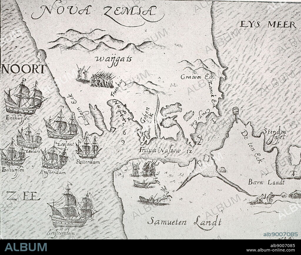 Map of New Zembla from a Journal of 1595. It shows 7 ships on an expedition from Amsterdam. They are passing the Strait of Nassau. Also shown are landing parties with explorers and hunters. Nova Zembla Island ('New Land') is an uninhabited island in the Qikiqtaaluk Region of Nunavut, Canada. It is located in Baffin Bay off the north-eastern coast of Baffin Island.