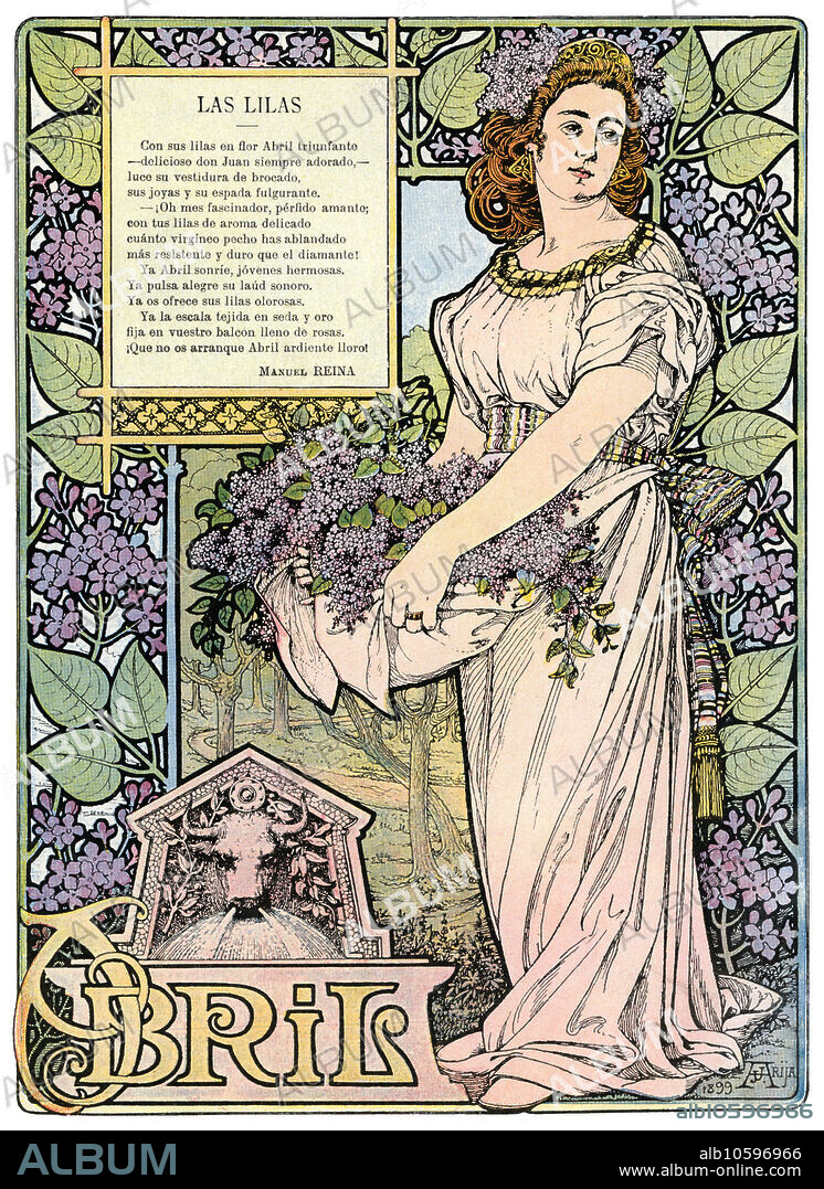 JOSé ARIJA SAIZ. Calendario modernista del mes de Abril de 1900. Lilas. Publicado en el almanaque de la revista Blanco y Negro.