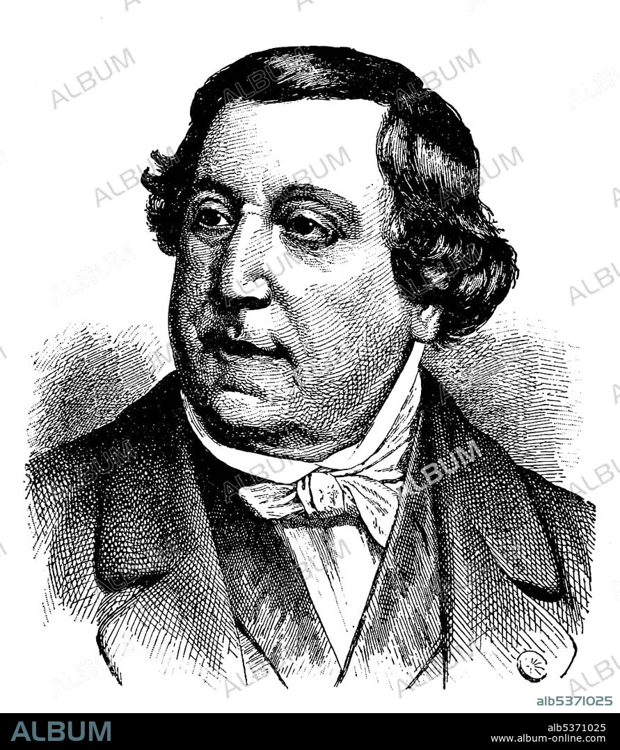 Historical drawing from the 19th century, portrait of Gioachino Antonio Rossini, 1792-1868, Italian composer, Bel Canto opera composer