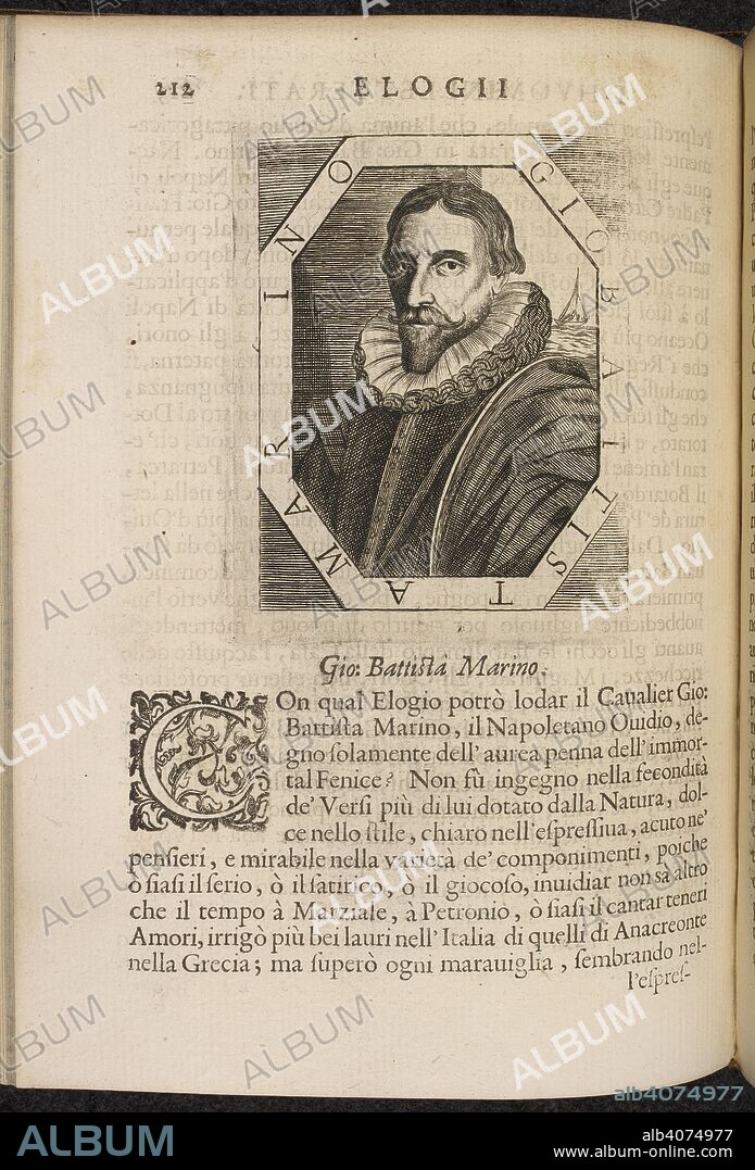 Portrait of Giovanni Battista Marino (1569â€“1625). Italian poet . Elogij dâ€™huomini letterati, etc. [With portraits.]. Combi, & La NouÌ€: Venetia, 1666. Source: 609.k.11, page 212.