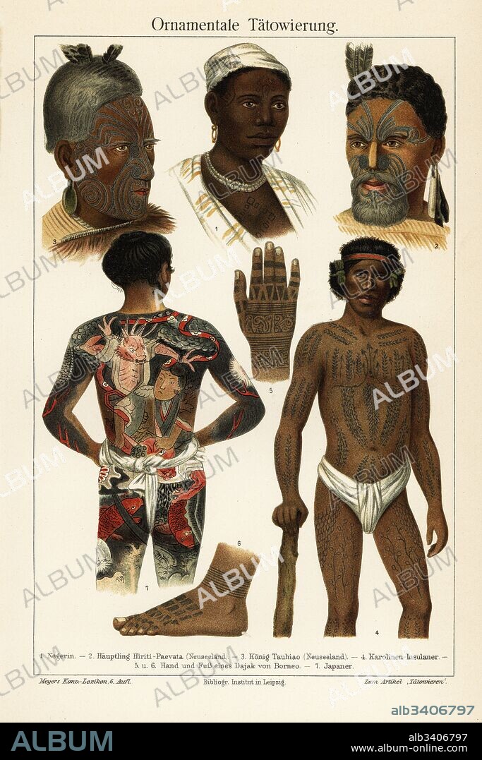 Ornamental tattoos: African woman 1, Maori chief (New Zealand) 2, Maori king 3, Caroline Islander 4, hand 5 and foot 6 of a Dayak (Borneo), and a Japanese man with irezumi and fundoshi 7. Chromolithograph from Joseph Meyer's encyclopedia, Meyers Konversations-Lexikon, 1885.