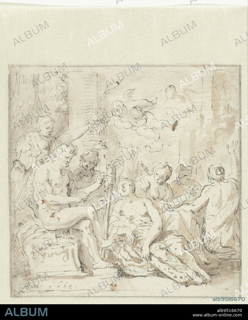 On the left is Hercules with Omphale's spider skirts. At his feet lies Omphale with the hero's club. Around them Omphale's servants, Hercules at Omphale., draughtsman: Zacharias Blijhooft, 1664, paper, pen, brush, h 176 mm × w 175 mm.