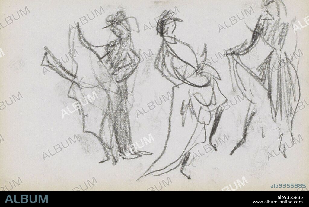 One of the women has put a leg in the air. Another also lifts up her skirt. Presumably they dance the cancan. Page 33 from a sketchbook with 35 sheets, Dancers in the Moulin Rouge., draughtsman: Marius Bauer, Paris, Oct-1891, Marius Bauer, 1891.